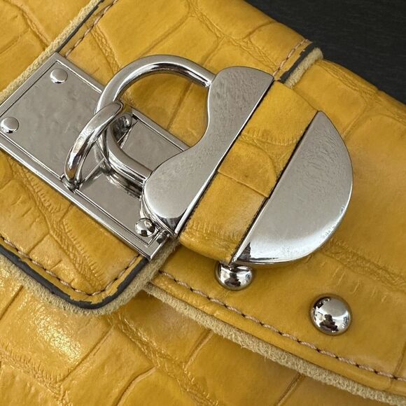 kathy van zeeland purse Wristlet And Crossbody Strap Yellow Faux Croc Bag Lock - Picture 4 of 14